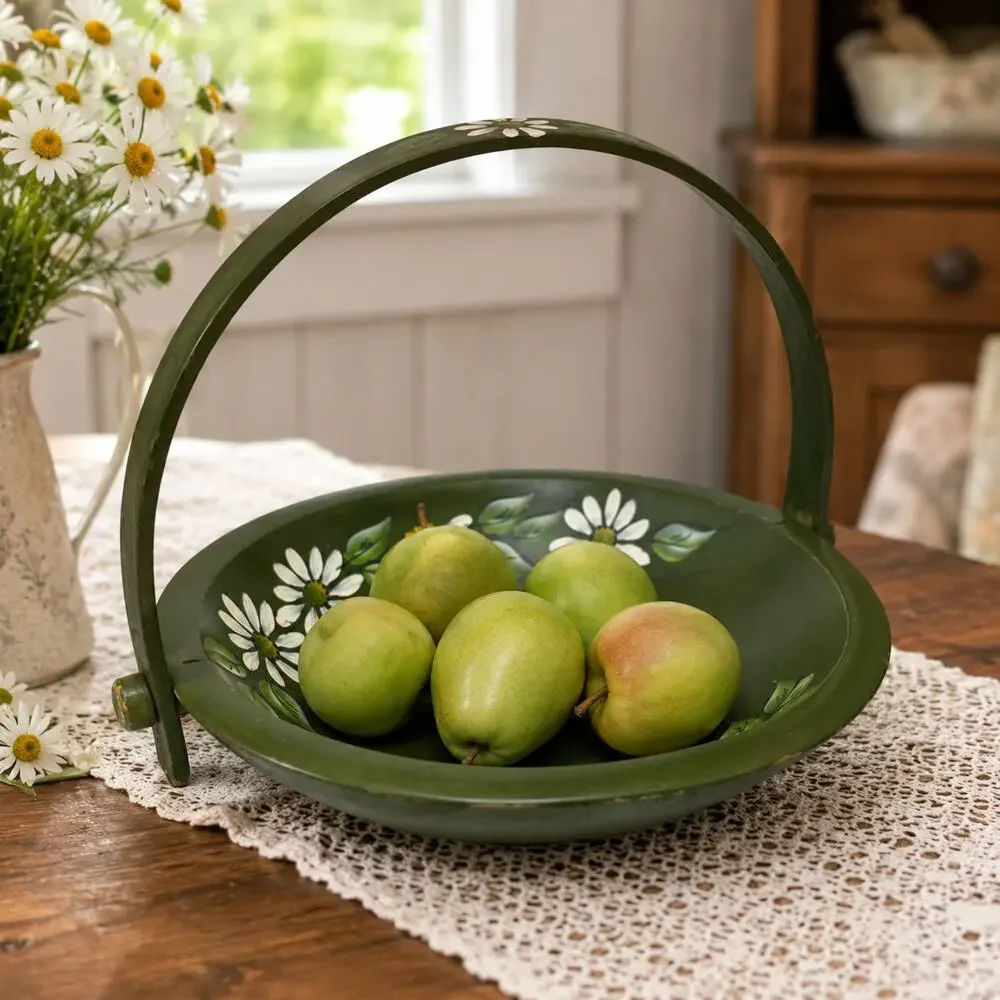 Vintage Hand Painted Wood Basket Green Daisy Folk Art Swing Handle